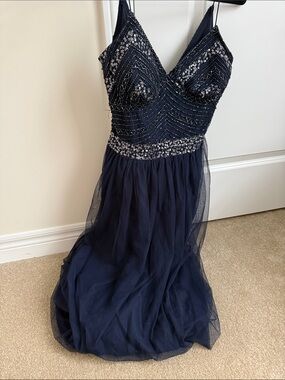 MARINA Navy Beaded Tulle Prom Dress